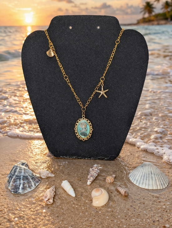 Hand Crafted Jewelry - Handmade Gold Mermaid Treasure Box Necklace With Gold Charms